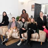 The Wigley Group’s Asset Manager Jess Wood, with Yellow Panther’s Stuart Cope, Rose the dog, Jessie Danger, Beth Russell, Sophie Appleton and Sarfraz Hussain