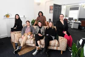 The Wigley Group’s Asset Manager Jess Wood, with Yellow Panther’s Stuart Cope, Rose the dog, Jessie Danger, Beth Russell, Sophie Appleton and Sarfraz Hussain