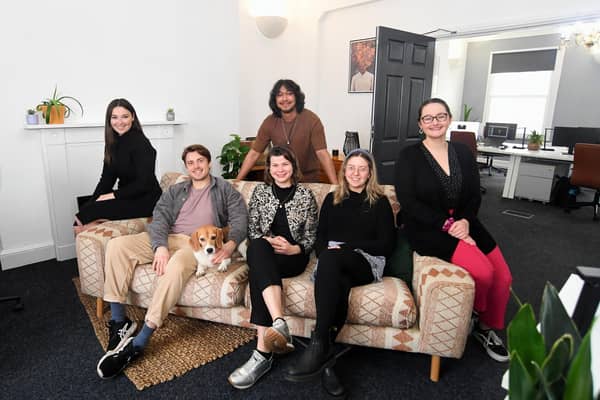 The Wigley Group’s Asset Manager Jess Wood, with Yellow Panther’s Stuart Cope, Rose the dog, Jessie Danger, Beth Russell, Sophie Appleton and Sarfraz Hussain