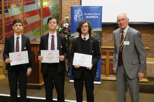 President Keith Talbot with contestants from Kineton High School Benjy Brannon, Ryan Taylor and Archie Flude. Photo supplied