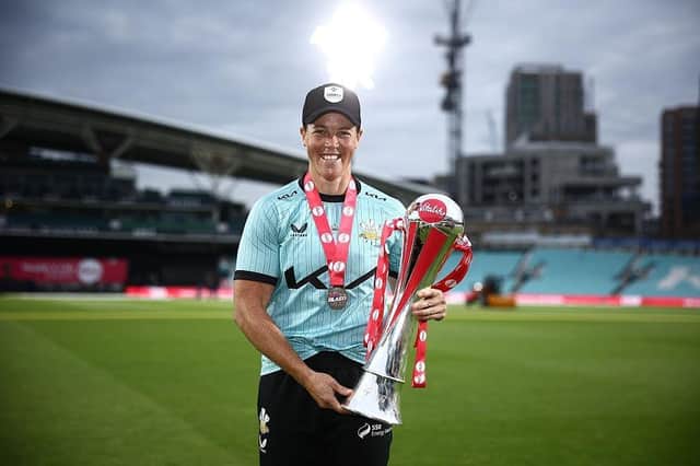 Grace Harris poses for a picture with the trophy following the Vitality Blast Women's final match win over The Bears at The Kia Oval,