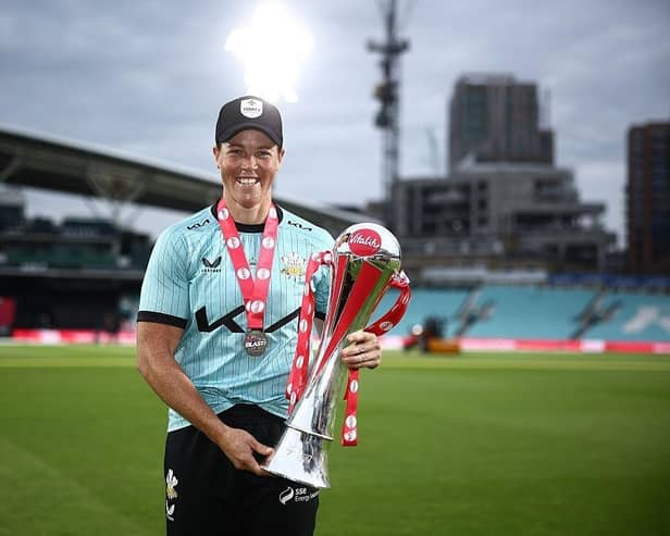 Grace Harris poses for a picture with the trophy following the Vitality Blast Women's final match win over The Bears at The Kia Oval,