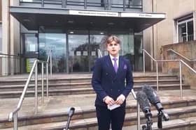 Warwickshire County Council's new leader George Finch gives his first speech outside the authority's Shire Hall headquarters in Warwick. Credit: Andy Mitchell.