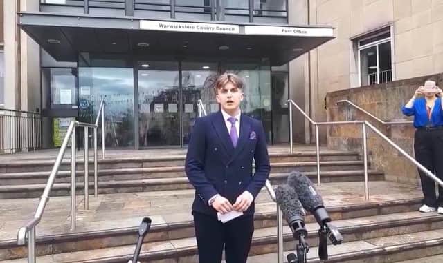 Warwickshire County Council's new leader George Finch gives his first speech outside the authority's Shire Hall headquarters in Warwick. Credit: Andy Mitchell.