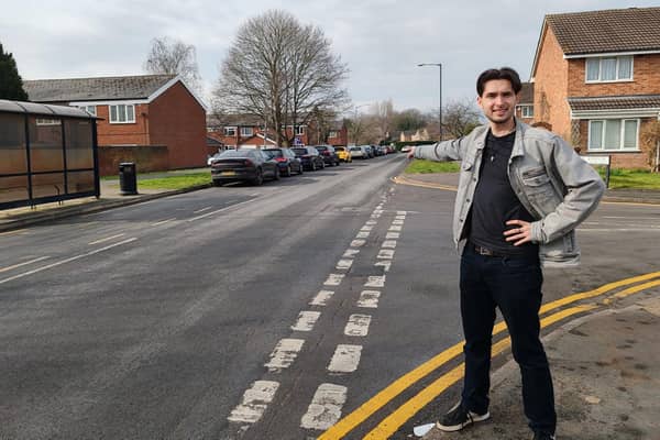 Concerns have been raised that newly painted double yellow lined in Warwick need to be extended and reassessed. As a result of this, Sam Jones, who became a Green Party district councillor for the All Saints and Woodloes ward after a by-election in February, created a petition. Photo shows Cllr Sam Jones with some of the newly painted areas. Photo supplied