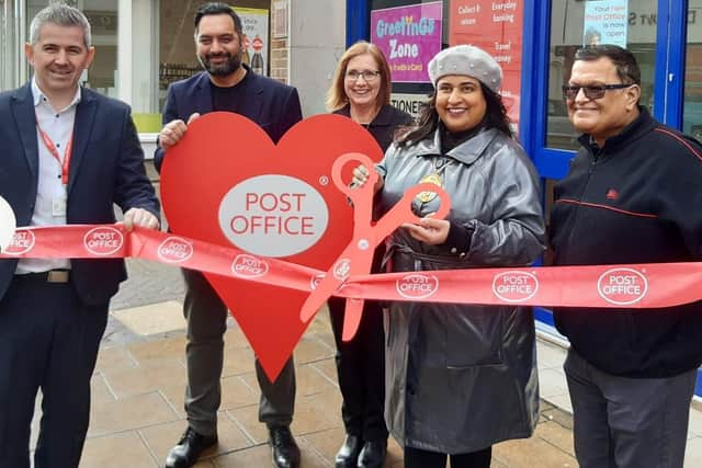 Post Office Regional Manager Paul Mead, Postmaster Ketan Pau, Post Office Manager Beth Smith, The Chair of Warwick District Council Cllr Mini Kaur Mangat and Company Officer Rushin Dattani re-open the Post Office branch at 32 Bath Street in Leamington.