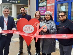 Post Office Regional Manager Paul Mead, Postmaster Ketan Pau, Post Office Manager Beth Smith, The Chair of Warwick District Council Cllr Mini Kaur Mangat and Company Officer Rushin Dattani re-open the Post Office branch at 32 Bath Street in Leamington.