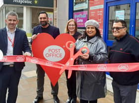 Post Office Regional Manager Paul Mead, Postmaster Ketan Pau, Post Office Manager Beth Smith, The Chair of Warwick District Council Cllr Mini Kaur Mangat and Company Officer Rushin Dattani re-open the Post Office branch at 32 Bath Street in Leamington.