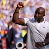 LONDON, ENGLAND - MAY 29: Darren Moore, Manager of Sheffield Wednesday, celebrates after the team's victory and promotion to the Sky Bet Championship in the Sky Bet League One Play-Off Final between Barnsley and Sheffield Wednesday at Wembley Stadium on May 29, 2023 in London, England. (Photo by Richard Heathcote/Getty Images)