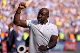 LONDON, ENGLAND - MAY 29: Darren Moore, Manager of Sheffield Wednesday, celebrates after the team's victory and promotion to the Sky Bet Championship in the Sky Bet League One Play-Off Final between Barnsley and Sheffield Wednesday at Wembley Stadium on May 29, 2023 in London, England. (Photo by Richard Heathcote/Getty Images)
