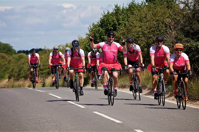 The riders took part in a three-day challenge, cycling from York through The Pennines and Derbyshire before arriving at The Durham Ox in Shrewley. Photo by Dave Fawbert