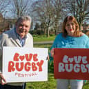 Cllr Neil Sandison and Cllr Maggie O'Rourke celebrate the launch of the Love Rugby Festival with the new Love Rugby and Love Rugby Festival logos.