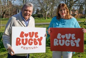 Cllr Neil Sandison and Cllr Maggie O'Rourke celebrate the launch of the Love Rugby Festival with the new Love Rugby and Love Rugby Festival logos.