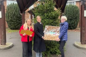 Left to right: Myton Hospice Events and Campaigns Fundraiser Meganne Gill-Swift, with Mallory Court General Manager Josefine Blomqvist and Housekeeping Supervisor Angela Leon.