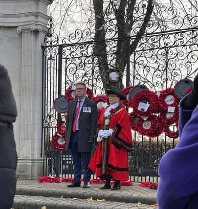 Rugby Mayor Barbara Brown at the war memorial gates in Rugby.