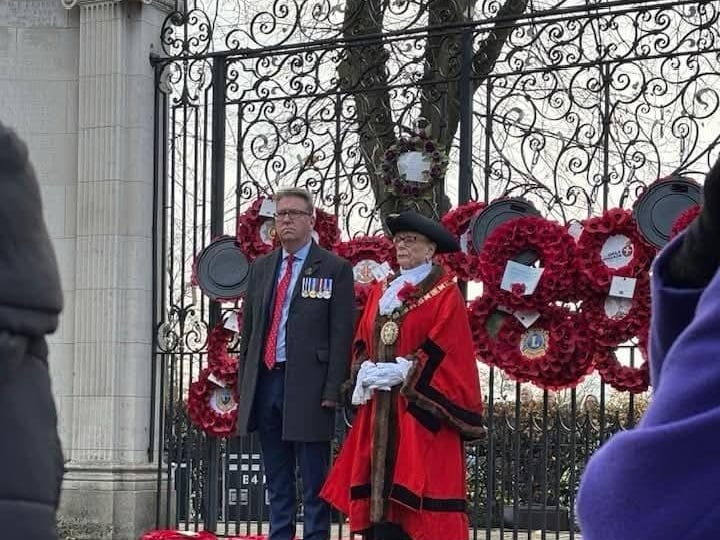 Rugby Mayor Barbara Brown at the war memorial gates in Rugby.
