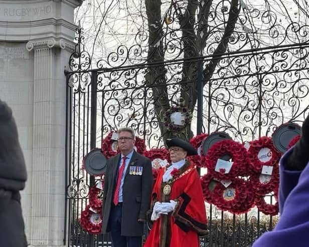 Rugby Mayor Barbara Brown at the war memorial gates in Rugby.