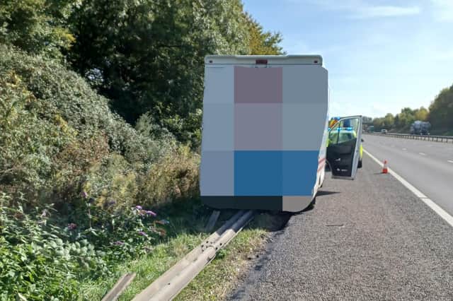 A suspected drug driver lost control of his Mercedes van, collided with a safety barrier and spread oil all over the hard shoulder in south Warwickshire..