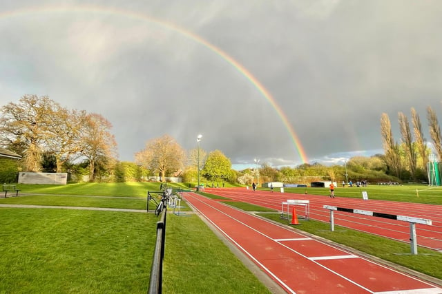 This evening’s rainbow at Edmondscote Athletics track. Photo by Robert Egan.