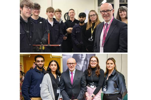 Top: Matt Western with apprentices at Warwickshire College Group. Bottom: Matt Western with JLR apprentices at the SMMT fair in Parliament. Pictures supplied.