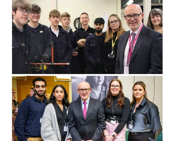 Top: Matt Western with apprentices at Warwickshire College Group. Bottom: Matt Western with JLR apprentices at the SMMT fair in Parliament. Pictures supplied.