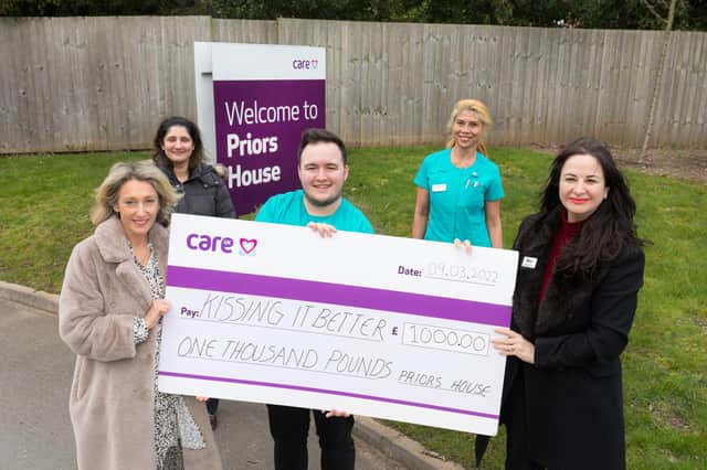 Care UK Priors House receives a donation of £1000 from the Charity Kissing it Better. Pictured L-R Caty Oates (Kissing It Better charity), Harvinder Rai (deputy home manager), Lewis Blake (lifestyle lead, Care UK), Delia Sazon (lifestyle co-Ordinator, Care UK), and Maria Cridge (customer relations manager, Priors House). Picture by Shaun Fellows / Shine Pix Ltd