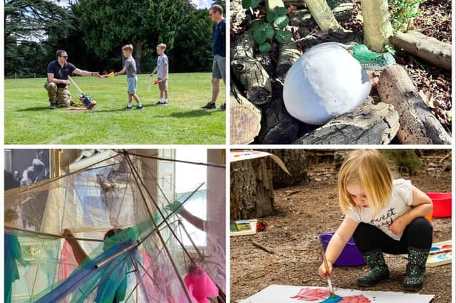 Top left shows Kineton RAF STEM session (photo by Tegen Kimbley), top right shows the Easter egg trail (photo by Compton Verney, bottom left shows Leap then Look's work (photo by Leap then Look) and bottom right shows a Get Mucky, Get Making session (photo by Compton Verney).