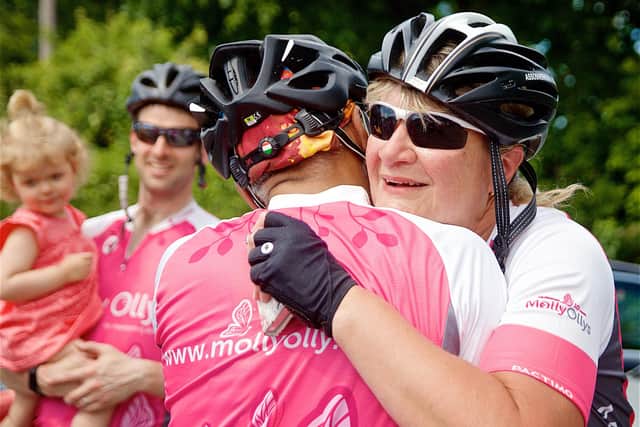 Riders after reaching the finish line in Shrewley. Photo by Dave Fawbert