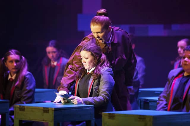 Matilda, played by Emily Adamson - and Lily White as Miss Trunchbull