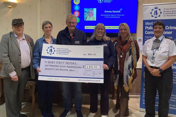 Rev David Fleming from Rugby Baptist Church is part of the Street Pastors committee and is pictured with team members Dawn Thurkettle, Pete Hickey and Julie Foster, together with Deputy Police and Crime Commissioner Emma Daniell and Rugby Police Inspector Sally Bunyard-Spiers.