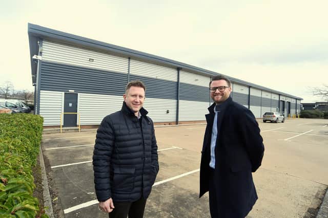 Left to right; Andrew Kitching, Managing Director of Guthrie Douglas, with Jonathan Blood, director at Wareing & Company, at Unit 3, Titan Business Centre. Photo supplied
