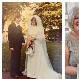 Andy and Val on their wedding day in Rugby. Right: Celebrating 50 years of happy marriage.