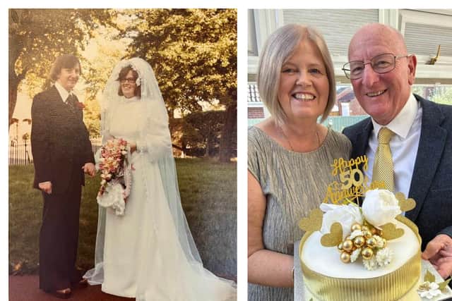 Andy and Val on their wedding day in Rugby. Right: Celebrating 50 years of happy marriage.