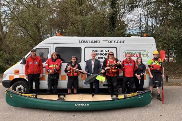 Alex Pearson, community champion at Morrisons, Cllr Richard Edgington and members of the Warwickshire Search and Rescue Team were set off on the challenge by the High Sheriff of Warwickshire David Kelham. Photo supplied
