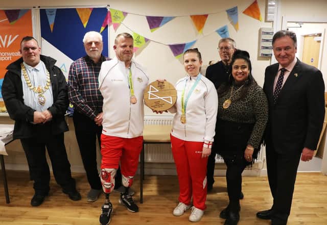 Left to right:  Cllr Nick Wilkins - Mayor of Leamington Spa, David Wigman – Chairman of Royal Leamington Spa Bowling Club , Craig Bowler - International Para Lawn Bowls player and Commonwealth Games Bronze Medallist, Jamie-Lea Winch - International Lawn Bowls player and Commonwealth Games Gold Medallist, David Adams of the Friends of Victoria Park, Cllr Mini Mangat - Chair of Warwick District Council and Cllr Andrew Day- Leader of Warwick District Council
