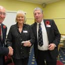 Warwick Rotary Club President Keith Talbot (left) with Lynne and Alan White from Galanos House in Southam. Photo supplied