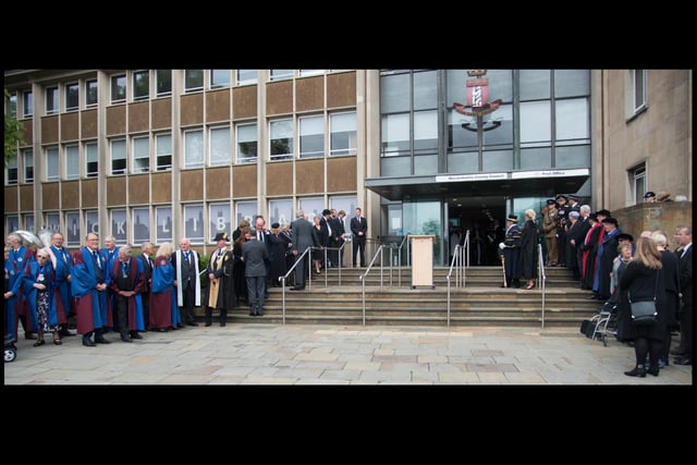 Dignitaries gathered outside Shire Hall for the announcement. Photo by Gill Fletcher