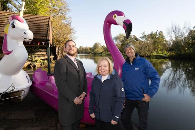 Pictured (left to right): Richard Lewis (HCW Head of Collections); Cllr Heather Timms and Matt Bishop (Director of Warwick Boats and the Leam Boat Centre)