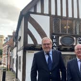 Clive Mason (right), chairman of the Charity of Thomas Oken and Nicholas Eyffler, and Terry Brown, a trustee and chairman of the Oken Feast committee, outside Oken House in Castle Street, Warwick, where Thomas Oken died 450 years ago. Photo supplied