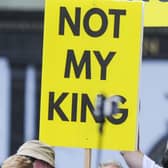 Anti-monarchy protesters before for the National Service of Thanksgiving and Dedication for King Charles III and Queen Camilla. Picture: Lisa Ferguson