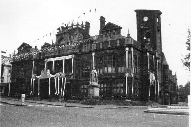 Leamington Town Hall decked out for the coronation of Queen Elizabeth II in 1953. Copyright Leamington History Group Archive.