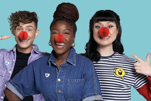 Blue Peter presenters, Joel Mawhinney, Mwaka ‘Mwaksy’ Mudenda and Abby Cook from Grangemouth support Red Nose Day 2023 by wearing the new Red Nose and Mr Men merchandise. Pic: BBC