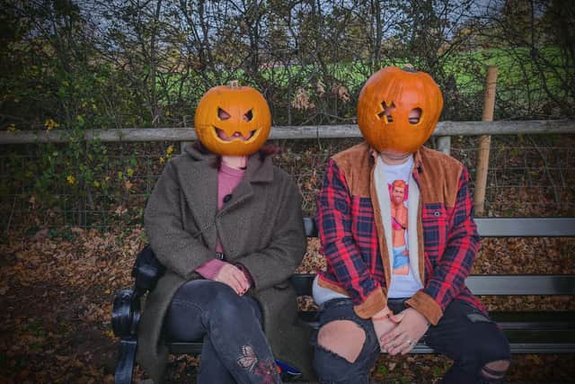 Andrew Phimister-Double with one his clients from last year's pumpkin head walk. Photo supplied