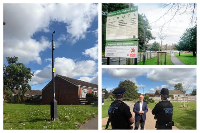 A new CCTV camera has been installed in St Nicholas Park. Photos by Warwickshire World and Matt Western