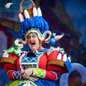 Iain Lauchlan as Dame Trott in Jack and the Beanstalk at the Belgrade Theatre (photo: Nicola Young)