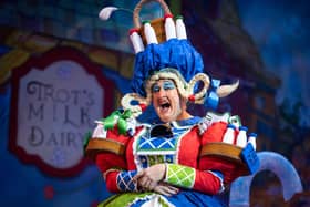 Iain Lauchlan as Dame Trott in Jack and the Beanstalk at the Belgrade Theatre (photo: Nicola Young)