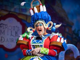 Iain Lauchlan as Dame Trott in Jack and the Beanstalk at the Belgrade Theatre (photo: Nicola Young)