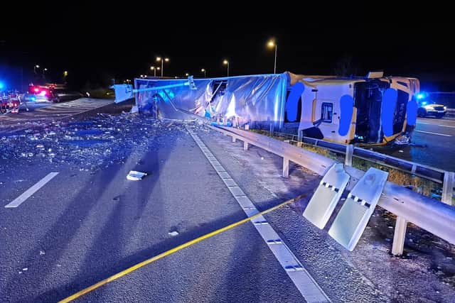 The lorry crashed through the central reservation of the M40 at Junction 3A. Picture courtesy of OPU Warwickshire.