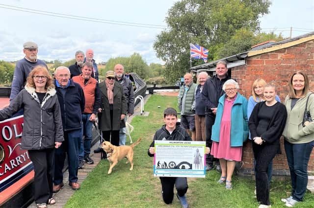 Thomas Brindley (not a direct descendant but he also lives just off Brindley Road, Hillmorton) is pictured holding the information board to pay tribute to his famous namesake.