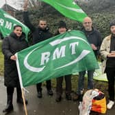 Members of the RMT union opposite the main entrance to Rugby station this morning, Tuesday, January 3.